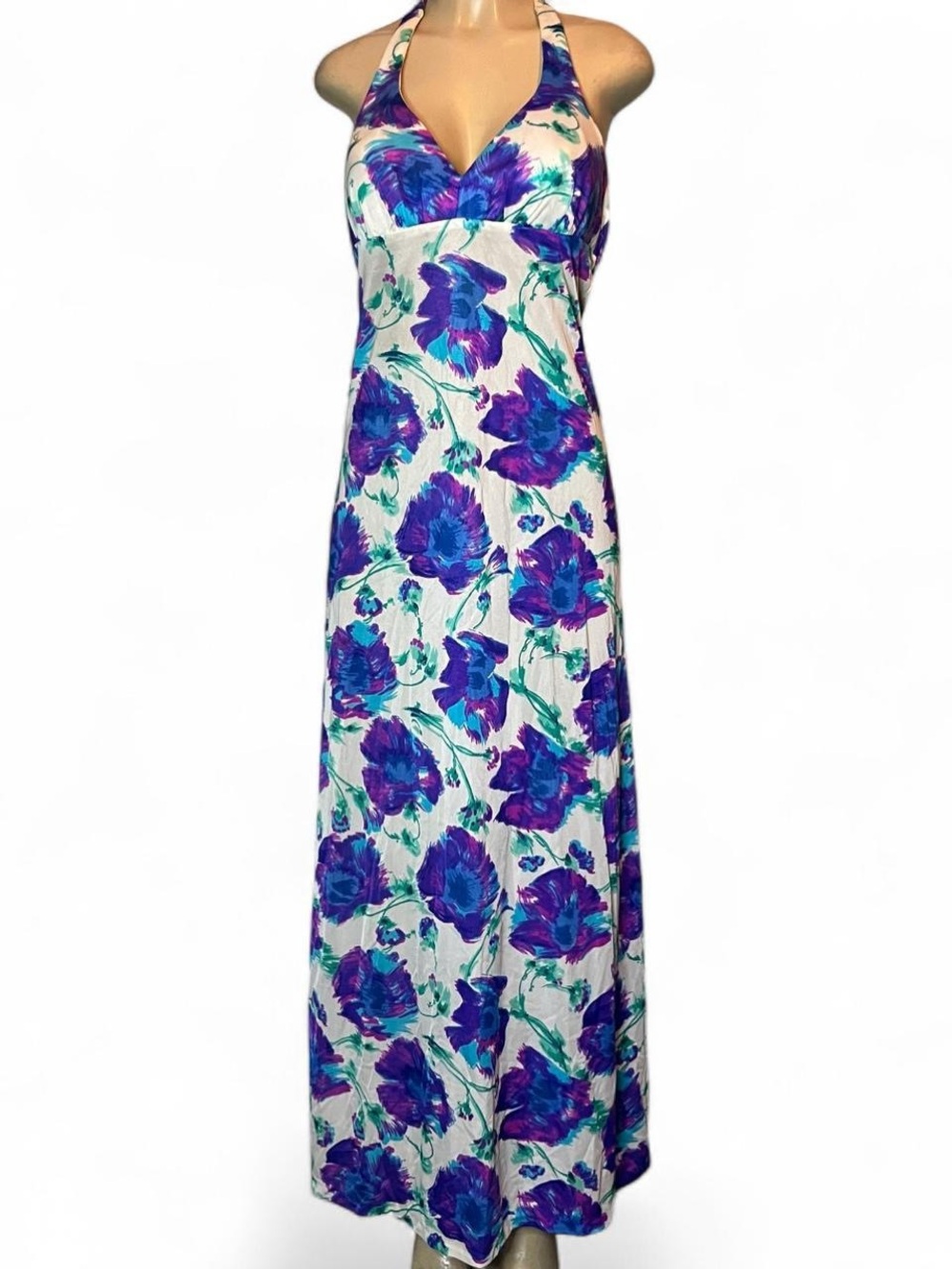 True Vintage 1970s Floral Halter Maxi Dress Swimsuit with Built-in Bra